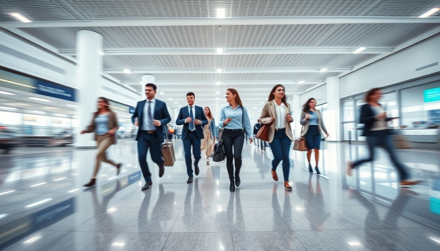 Business travelers moving through a modern airport terminal, showcasing travel efficiency.