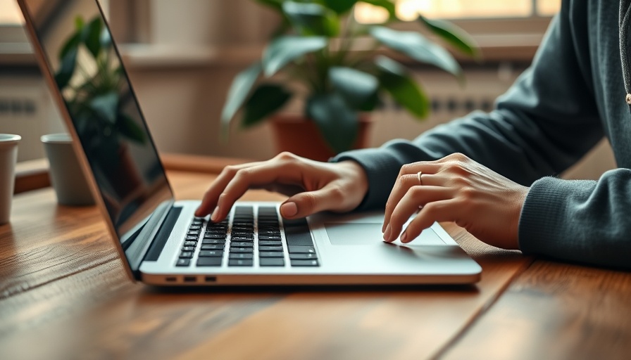 Close-up of self-employed person typing on laptop in a cozy workspace.