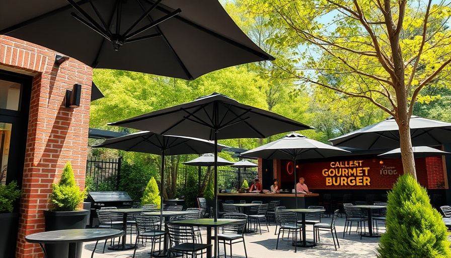 Outdoor seating at modern gourmet burger bar in Triangle NC.