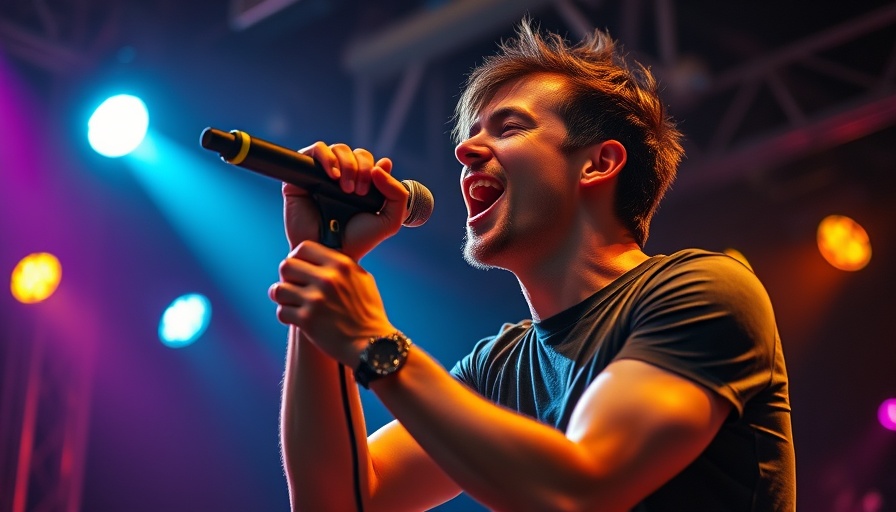 Energetic performer singing on stage with neon lights