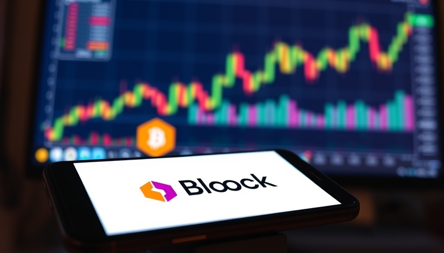 Block joins S&P 500 featured on smartphone with stock chart background.
