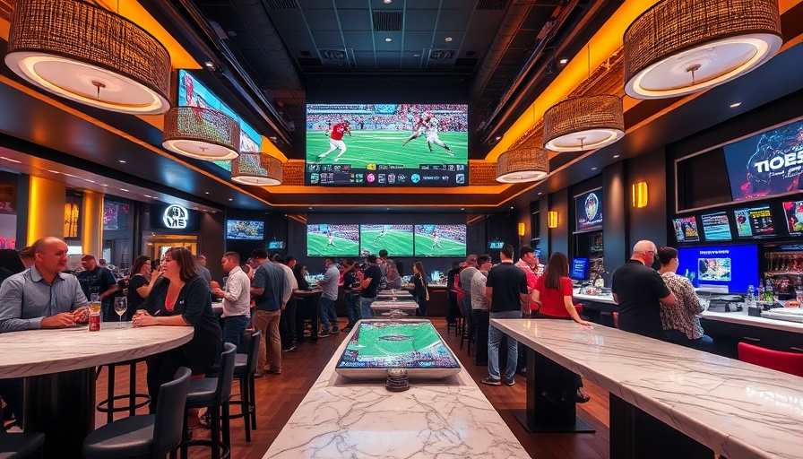 Vegas-style sports bar Charlotte interior with large screen and marble tables.