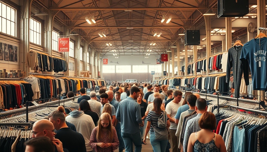 Shoppers at North Carolina Vintage Bazaar indoors browsing clothes.
