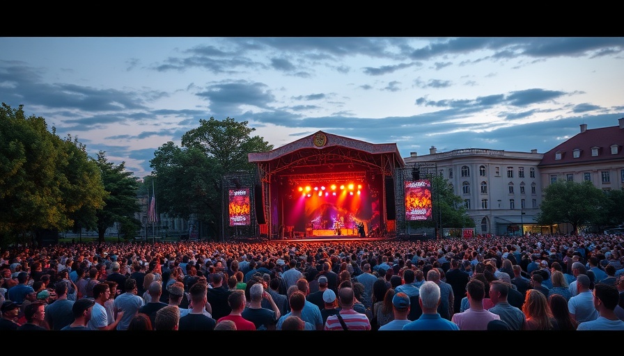 Pops on the Green concert with large audience and evening lights.