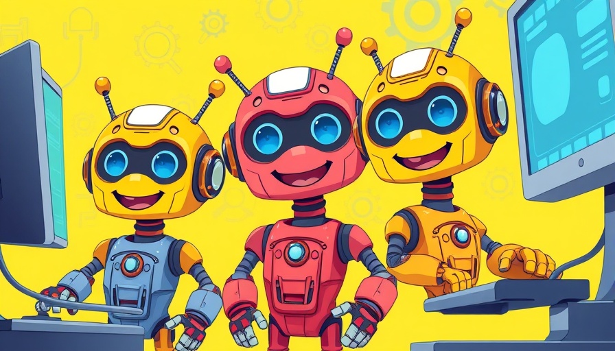 Futuristic robots using AI writing tools on computers.