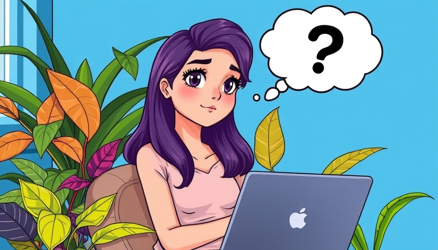 Young woman with purple hair thinking about work, cartoon style.