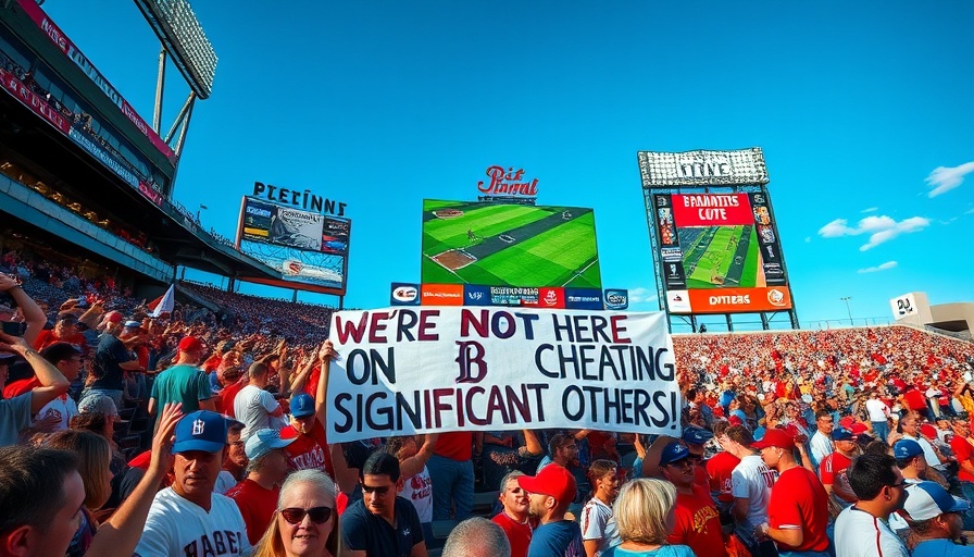 Crowd at stadium with funny sign responding to 'Coldplay Kiss Cam Fiasco'.
