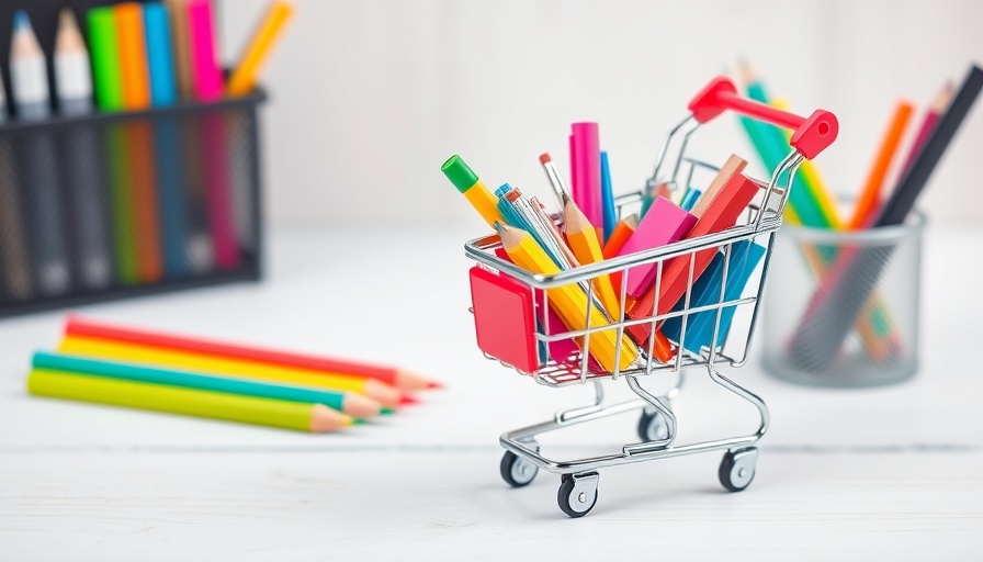 Small shopping cart with school supplies for small business back-to-school preparation.