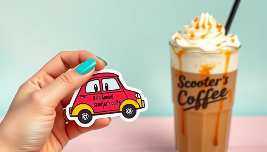 Colorful cartoon sticker and iced coffee for National Drive-Thru Day discounts.
