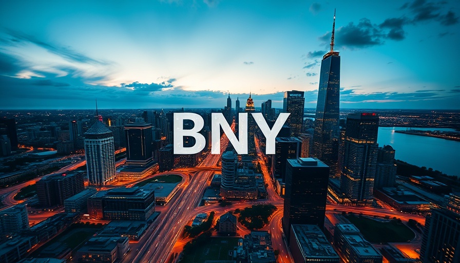 City skyline with BNY logo at dusk, emphasizing urban finance.