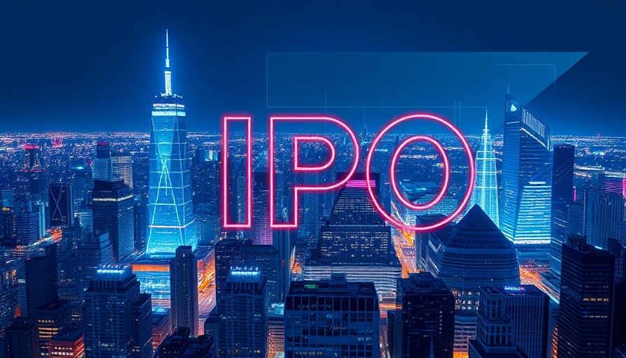 Futuristic city skyline with IPO digital graphic overlay.