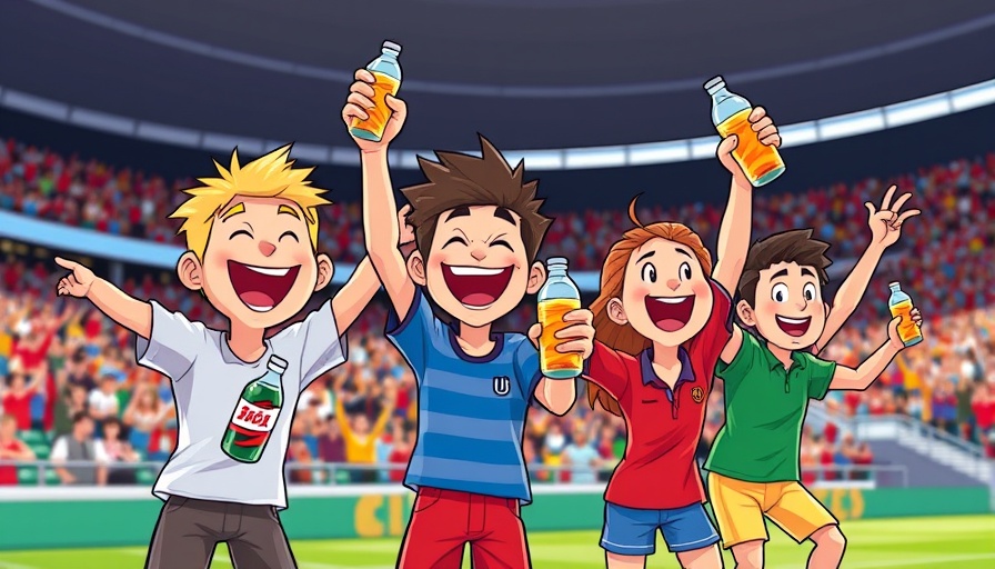 Fun cartoon superheroes celebrating in a stadium with sodas.