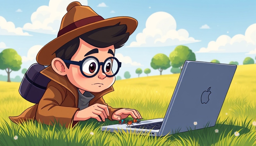 Detective examining bugs around laptop in cartoon illustration for best bug tracking tools.