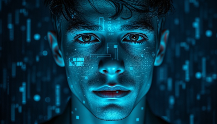 AI deepfake digital portrait with fragmented data overlay.