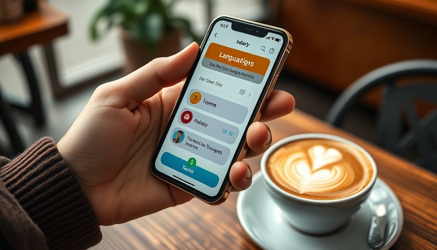 Person using language learning app in cafe with coffee cup.