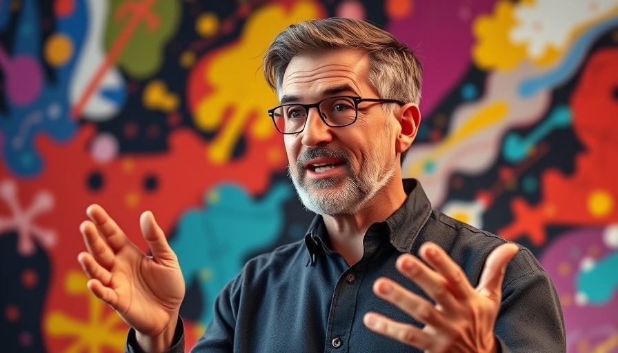Confident middle-aged man gesturing with engaging expression, colorful background.