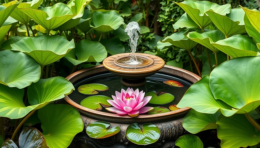 Tranquil water garden with blooming lotus in metal container showcasing sustainable gardening techniques.