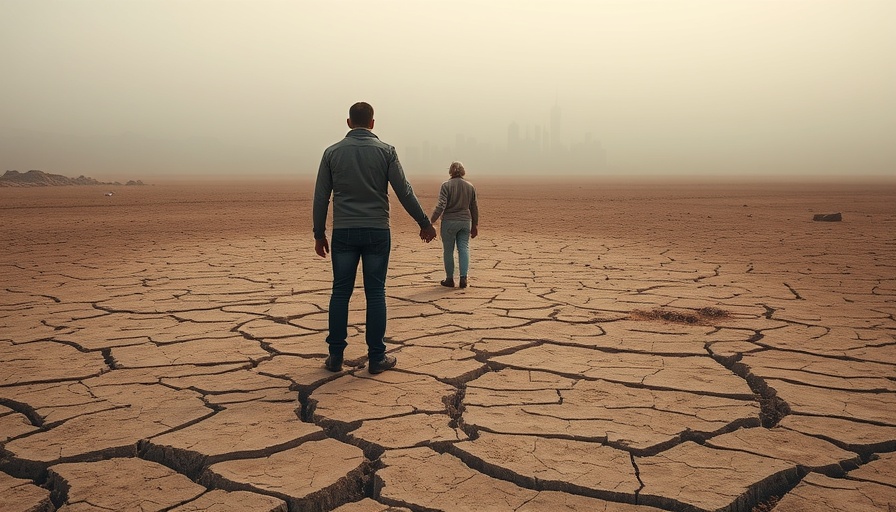 Two people in cracked landscape symbolizing clean healthy environment human right.