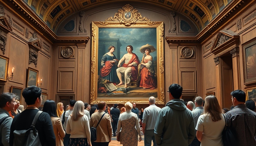 Museum visitors viewing art; AI Art Restoration theme.