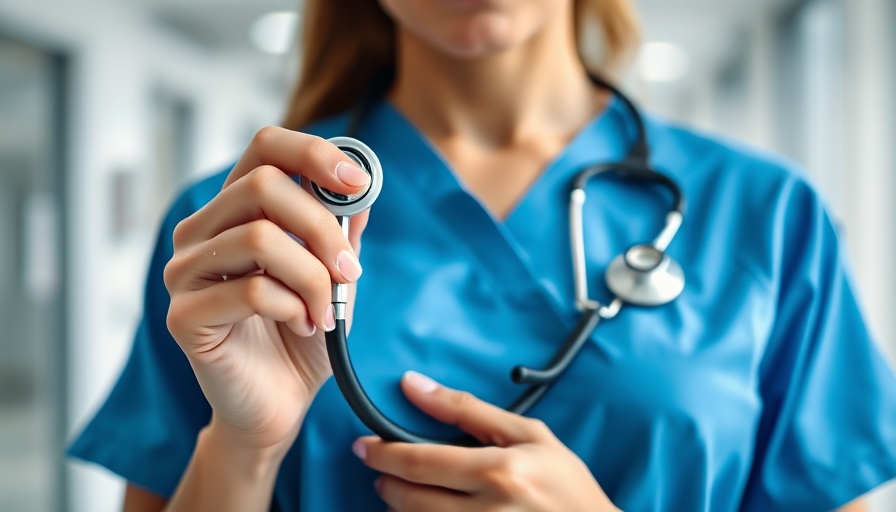 Healthcare professional in blue scrubs holding stethoscope in hospital.