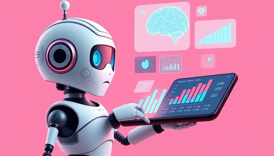 Adorable AI robot analyzing data on smartphone, vibrant cartoon style