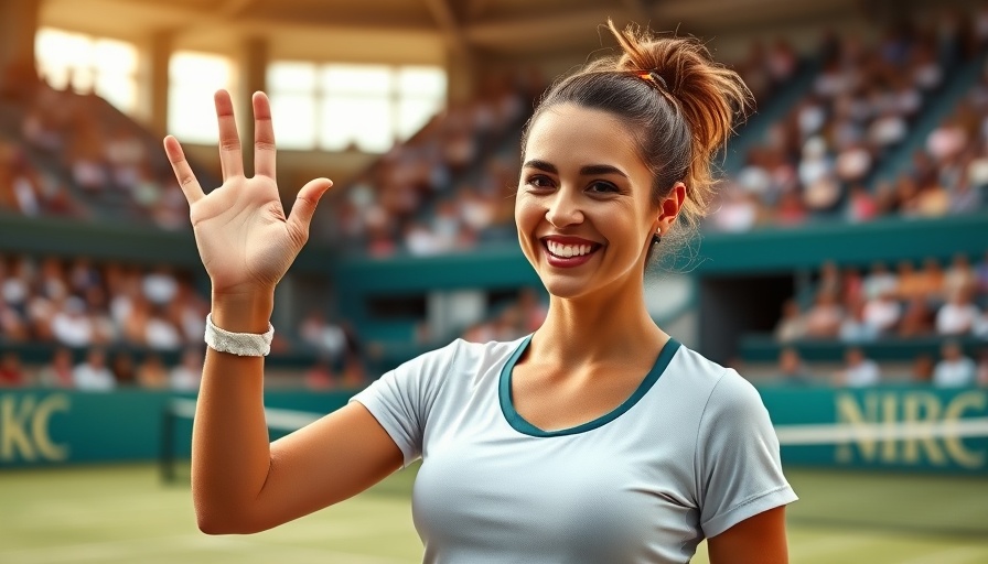 Celebratory female tennis player waving victoriously on court under bright lights.
