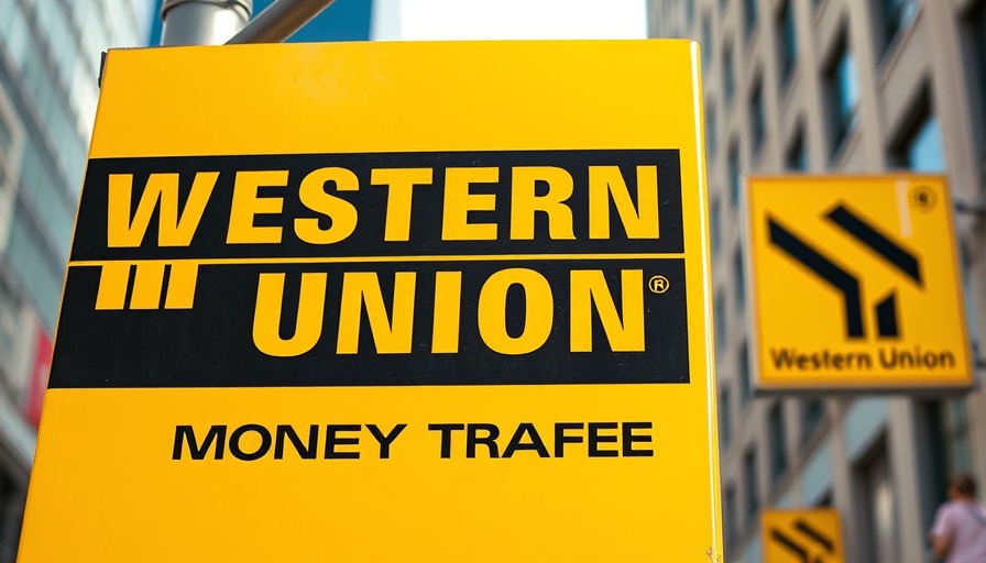 Western Union sign for money transfer in urban setting.
