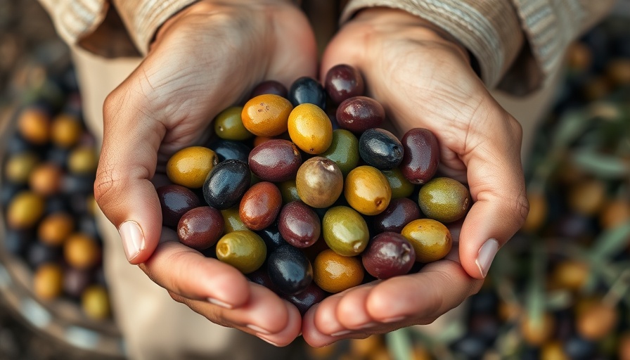 Farmer's hands holding freshly picked olives, ready to produce enough olive oil for a year.