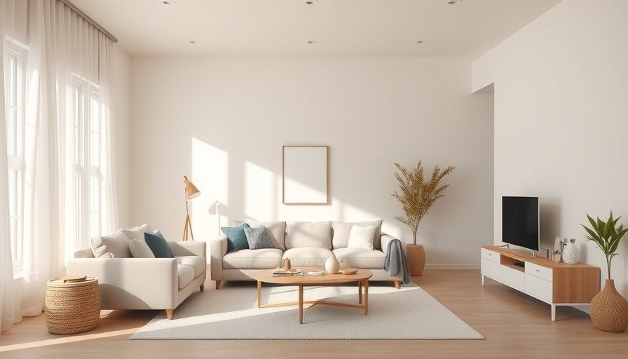 Minimalist living room promoting buying less stuff with open space.