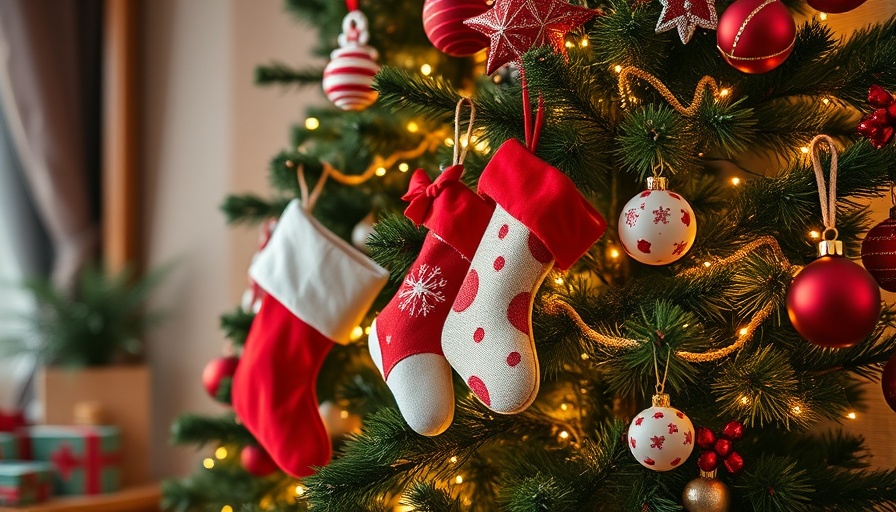 Eco-friendly stocking stuffers on a Christmas tree with ornaments.