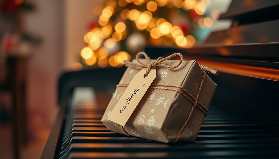 Eco-friendly sustainable gift on piano with Christmas tree.