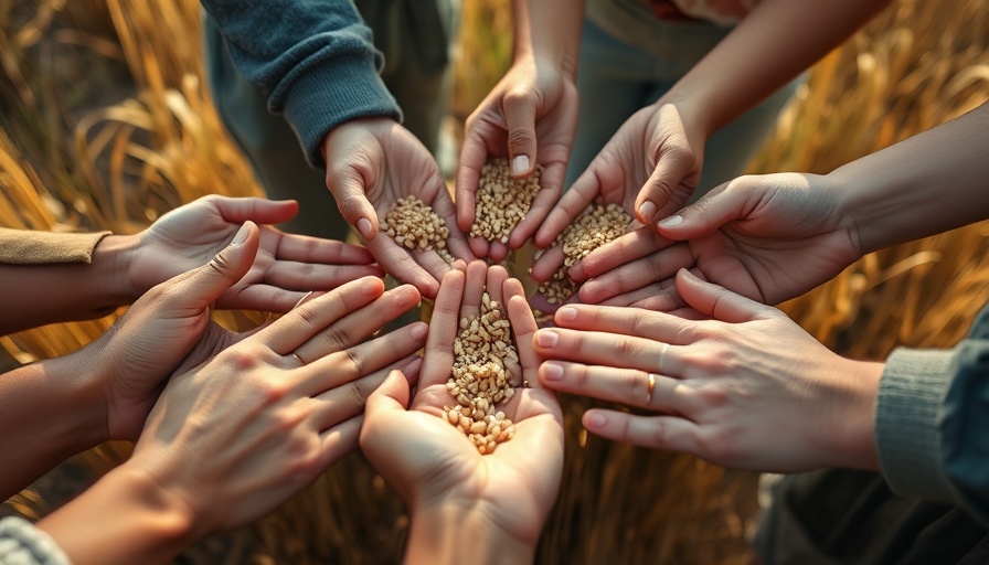 Diverse hands reaching for grains, symbolizing global hunger 2024.