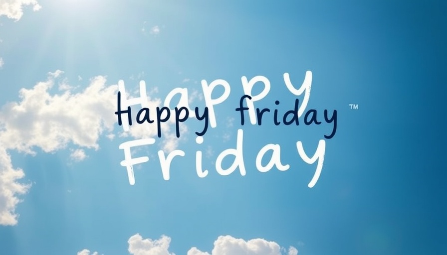Playful 'Happy Friday' text over blue sky with Funny Small Business Moments theme.