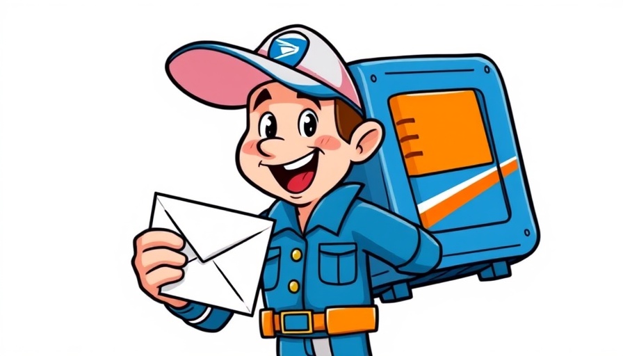 Playful cartoon postal worker in vibrant colors holding mail.