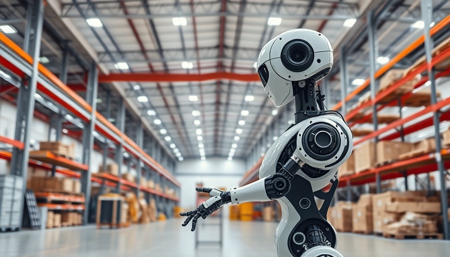Industrial robot in warehouse setting for 'Fridays in Marketing Strategies'.