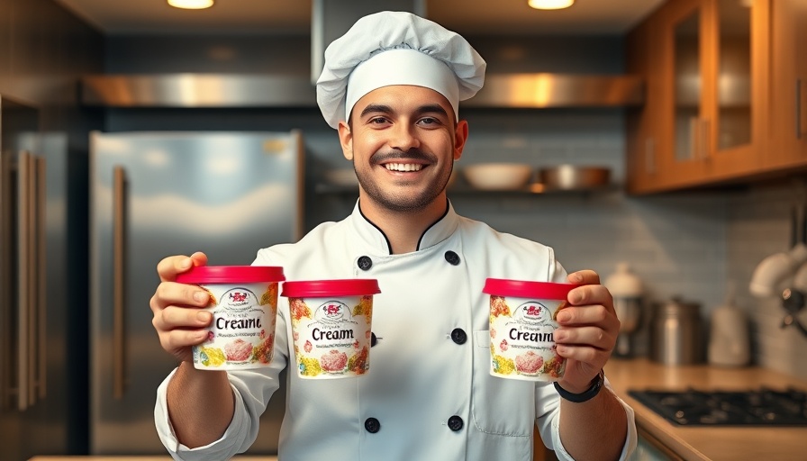 E-40 holds branded ice cream in modern kitchen highlighting entrepreneurship success.