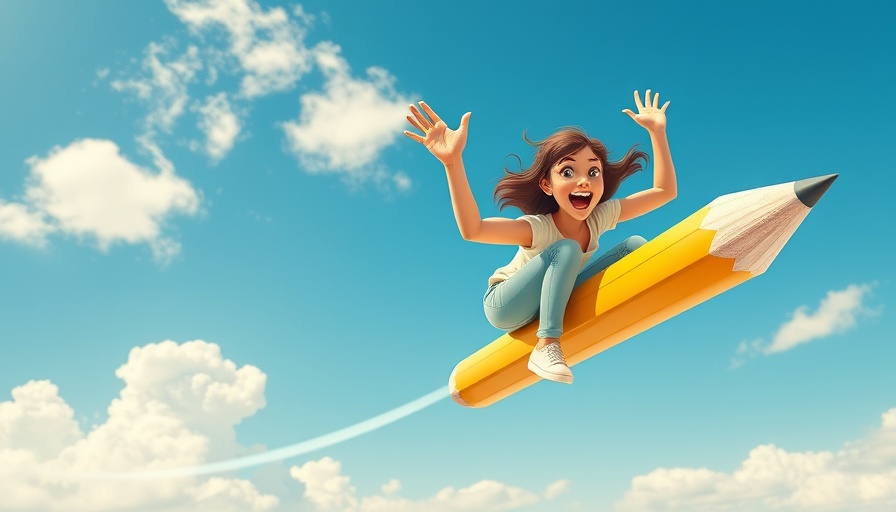 Whimsical back-to-school shopping trends with girl on a giant pencil.