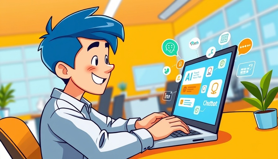 Cartoon young person using AI tools on a laptop, vibrant orange background