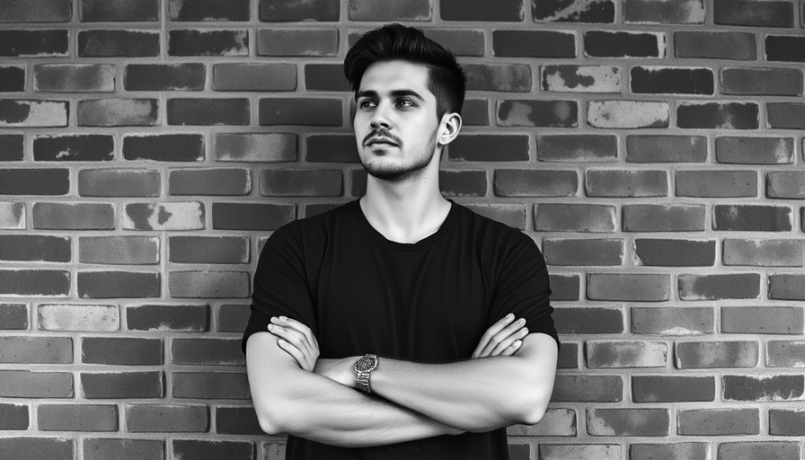 Monochrome portrait of a contemplative man against a brick wall.