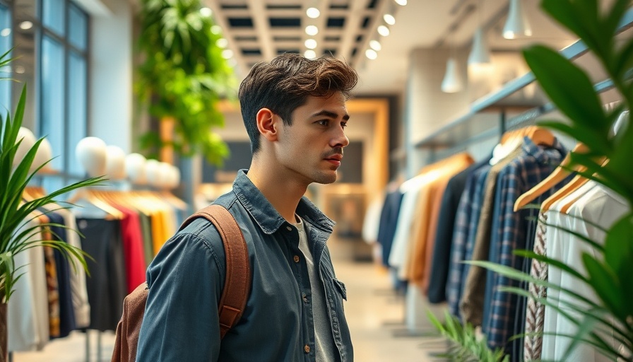 Casual man in clothing store contemplating fashion choices.