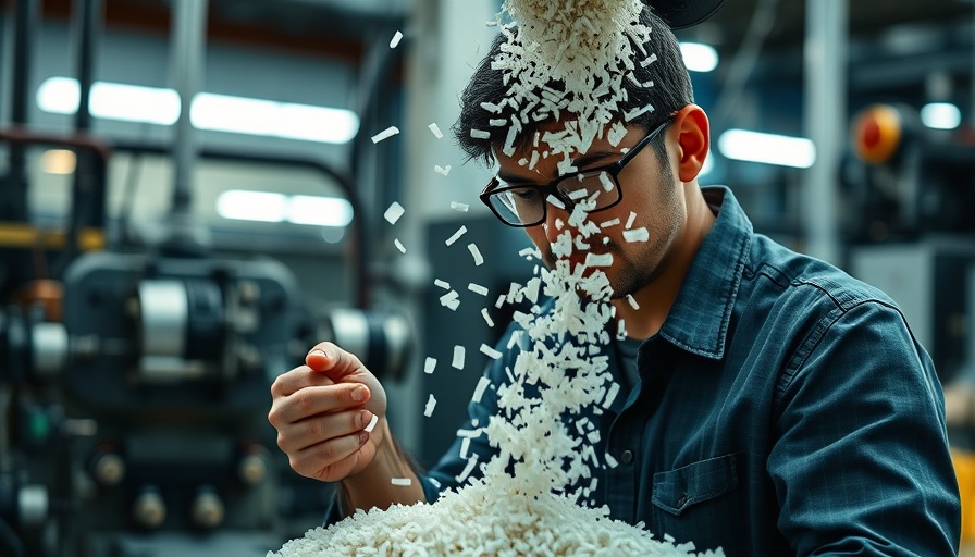 Worker handling plastic flakes, plastic credits initiative in action.
