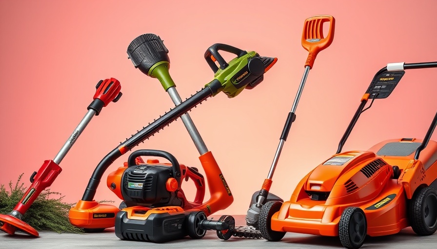 Assorted cordless gardening tool systems displayed creatively on a gradient background.