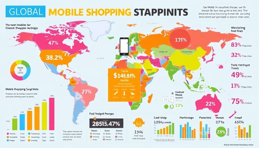 Infographic on global mobile window shopping trends with graphs and world map.