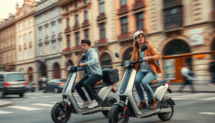 Riders on electric scooters showcasing green transportation in city.