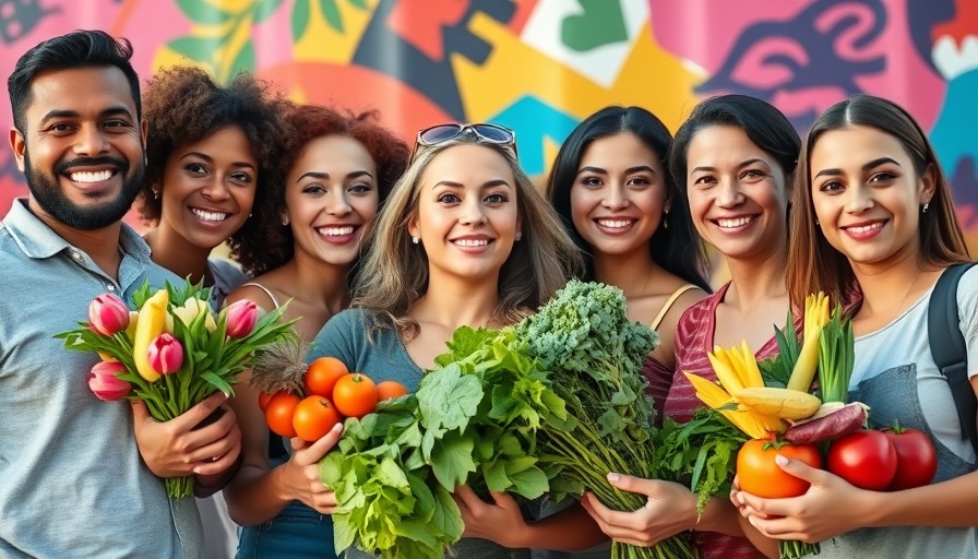 Free produce giveaway event flyer with smiling people and fresh produce.