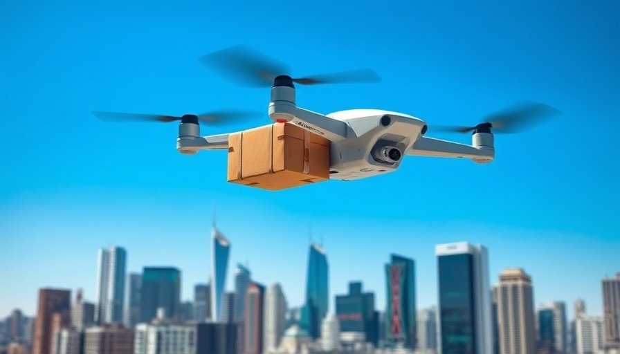 Modern delivery drone flights over urban skyline.