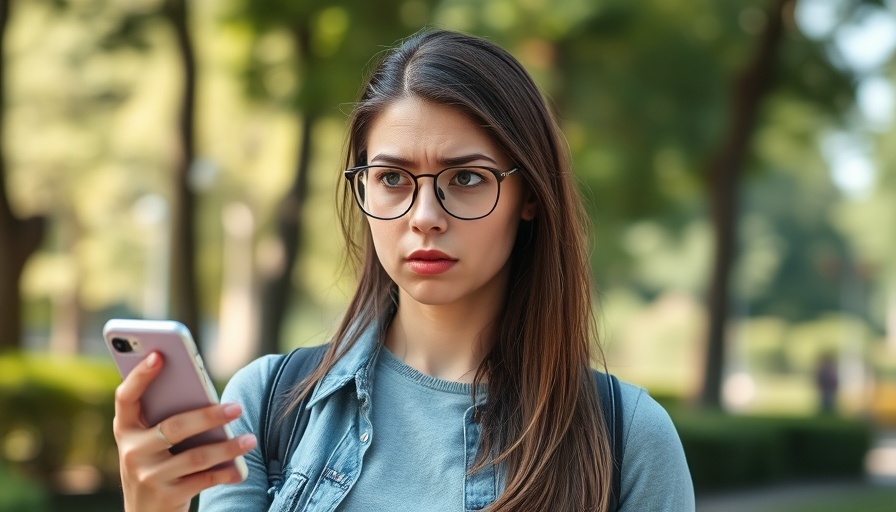 Woman outdoors looking confused at phone, creating trust with reporters.