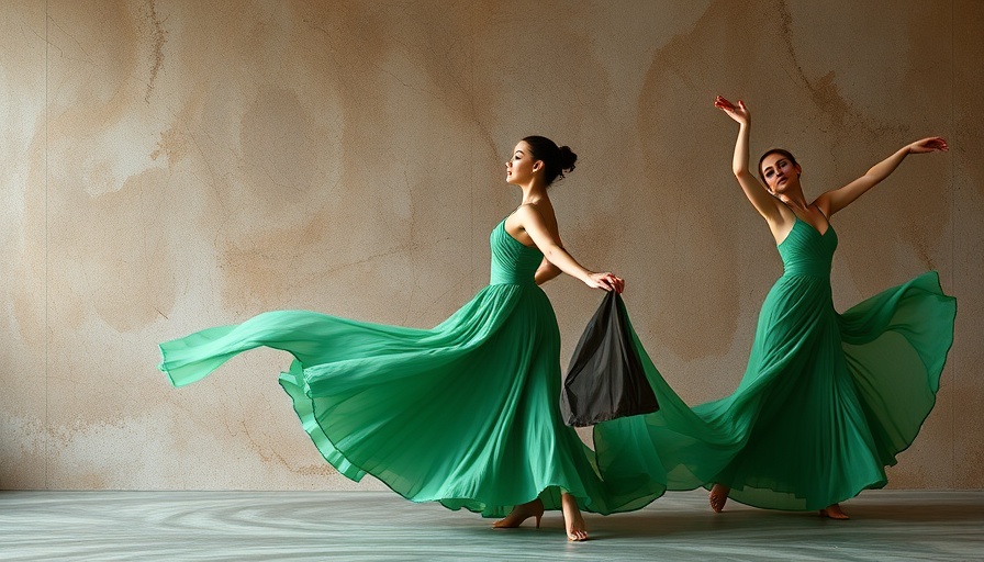 Elegant dancers in green dresses performing, highlighting climate action supporting the arts.