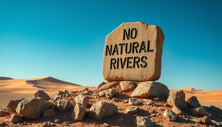 Desert landscape with 'No Natural Rivers' sign, highlighting countries with no natural rivers.