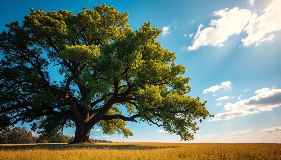Majestic tree in lush landscape, inspiration for sustainable home design.